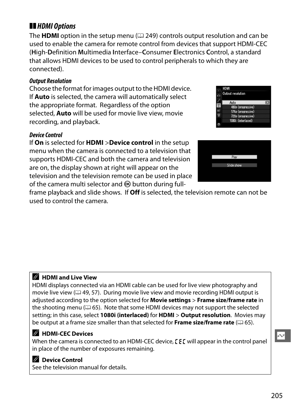 0 205) bef, Hdmi options | Nikon D610 User Manual | Page 231 / 368