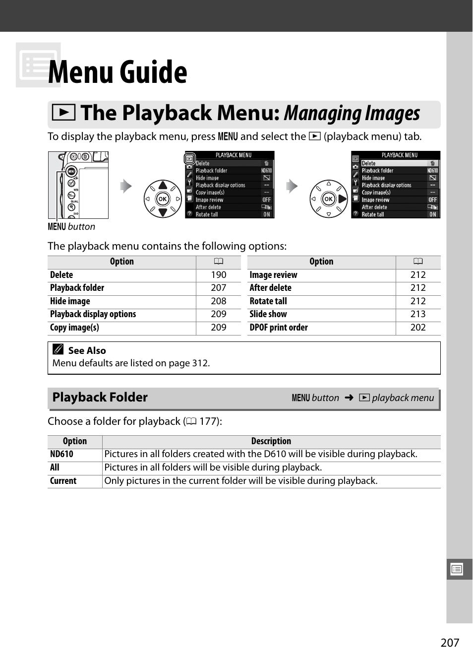 Menu guide, The playback menu: managing images, Playback folder | 0 207). i, D the playback menu: managing images | Nikon D610 User Manual | Page 233 / 368