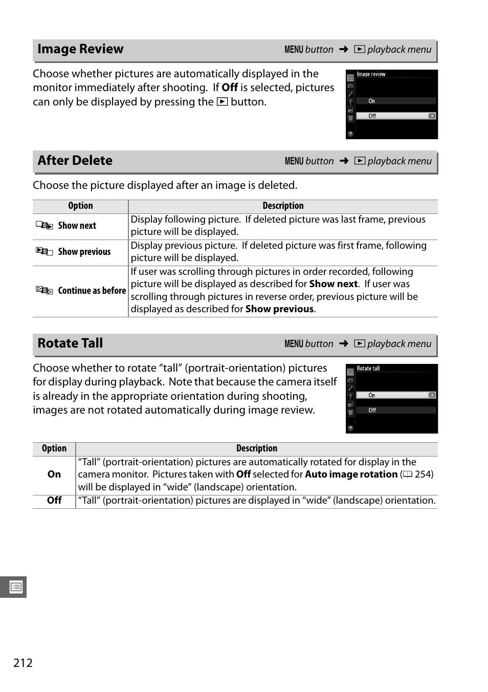 Image review, After delete, Rotate tall | Menu, Back menu, 0 212), phot | Nikon D610 User Manual | Page 238 / 368