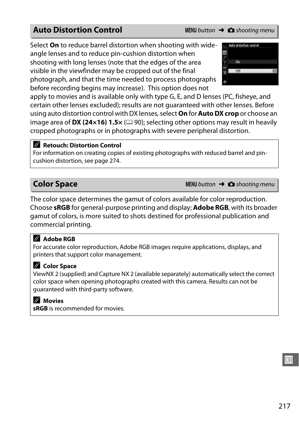 Auto distortion control, Color space | Nikon D610 User Manual | Page 243 / 368