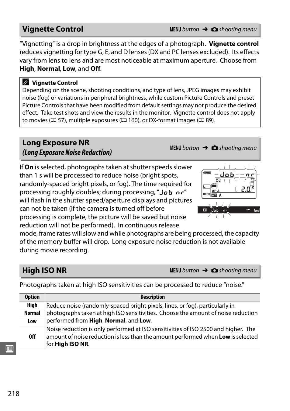 Vignette control, Long exposure nr (long exposure noise reduction), High iso nr | Ge 218 | Nikon D610 User Manual | Page 244 / 368