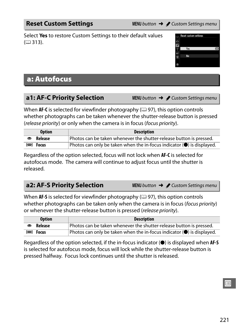 Reset custom settings, A: autofocus, A1: af-c priority selection | A2: af-s priority selection | Nikon D610 User Manual | Page 247 / 368