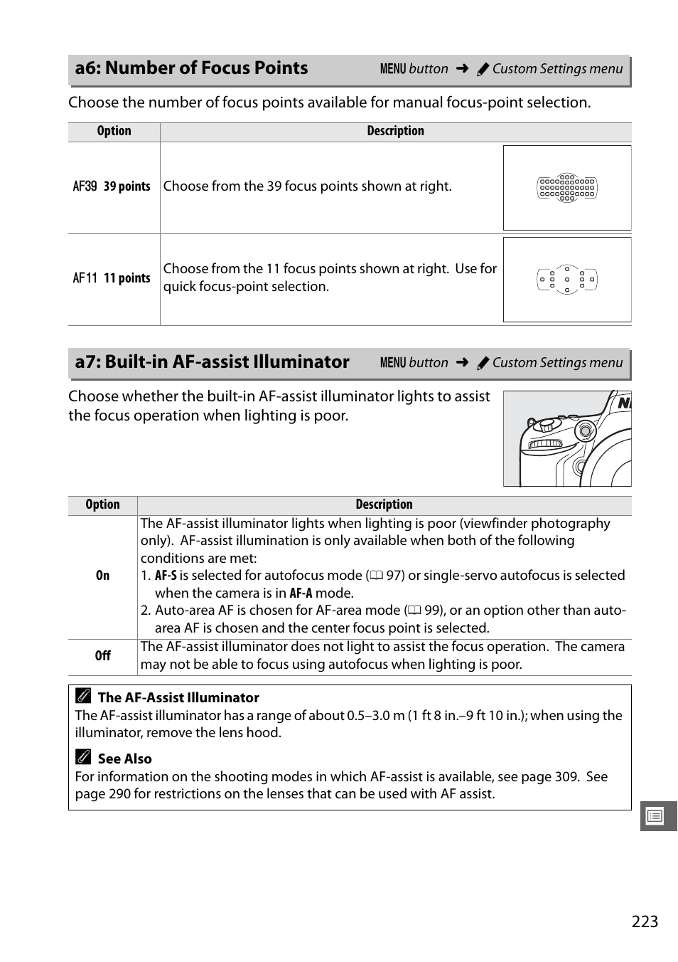 A6: number of focus points, A7: built-in af-assist illuminator | Nikon D610 User Manual | Page 249 / 368