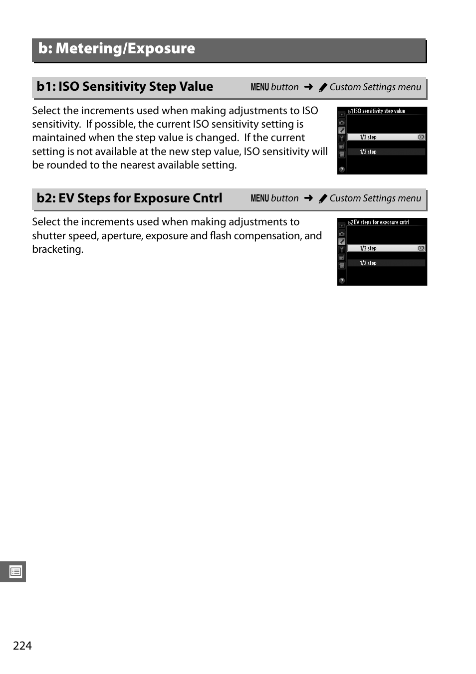 B: metering/exposure, B1: iso sensitivity step value, B2: ev steps for exposure cntrl | 0 224), the amount | Nikon D610 User Manual | Page 250 / 368