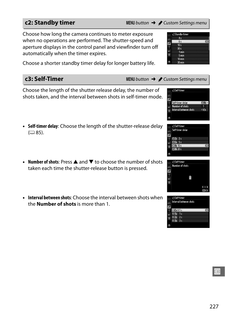 C2: standby timer, C3: self-timer, 0 227); th | 0 227), the standby timer, 0 227; t | Nikon D610 User Manual | Page 253 / 368