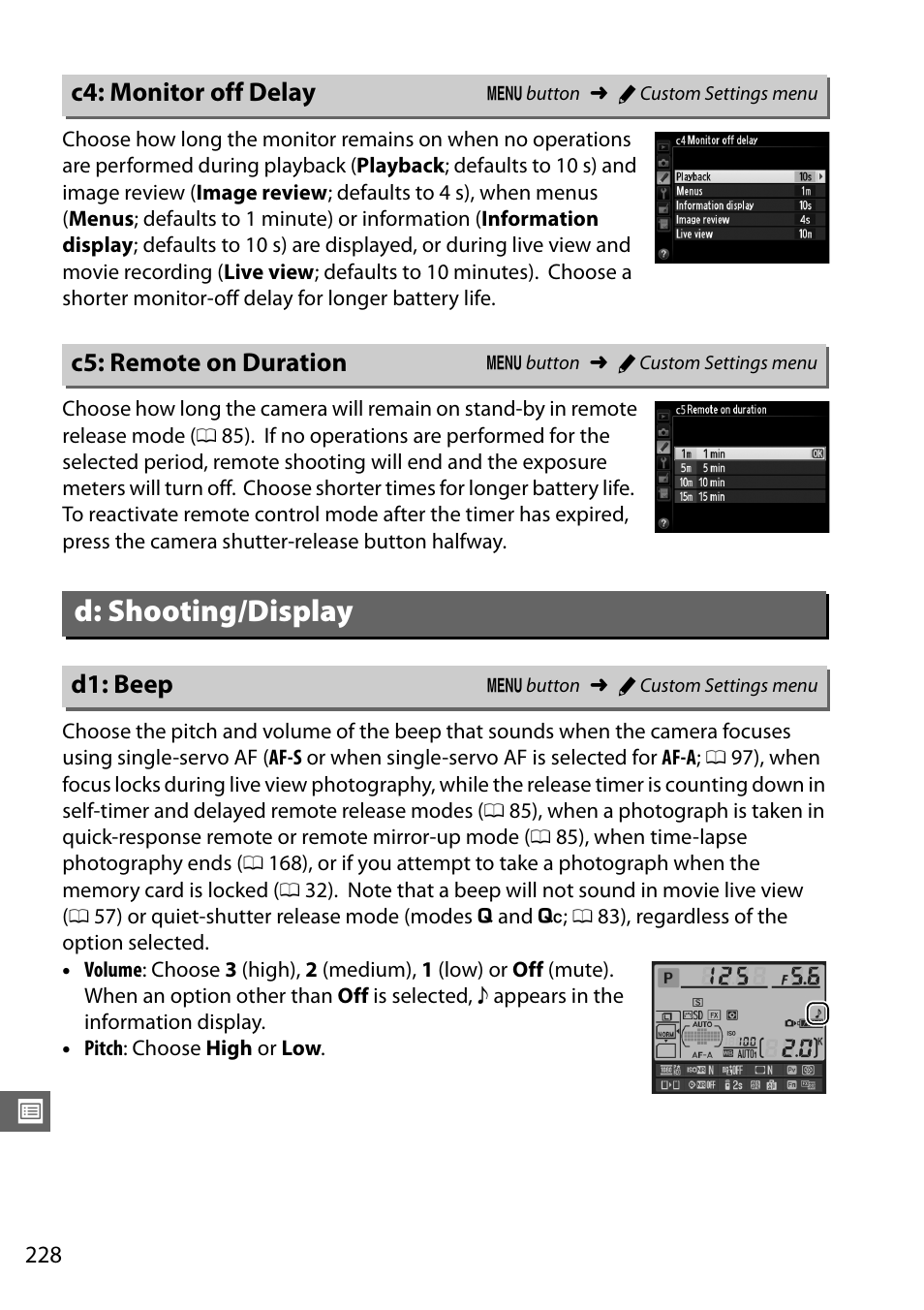 C4: monitor off delay, C5: remote on duration, D: shooting/display | D1: beep, 0 228). f, 0 228—5 s | Nikon D610 User Manual | Page 254 / 368