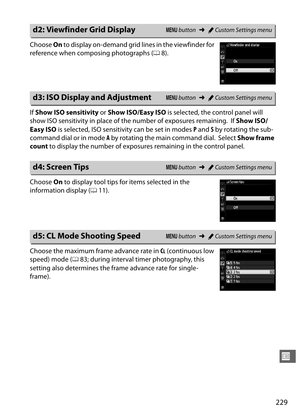 D2: viewfinder grid display, D3: iso display and adjustment, D4: screen tips | D5: cl mode shooting speed, 0 229). i | Nikon D610 User Manual | Page 255 / 368