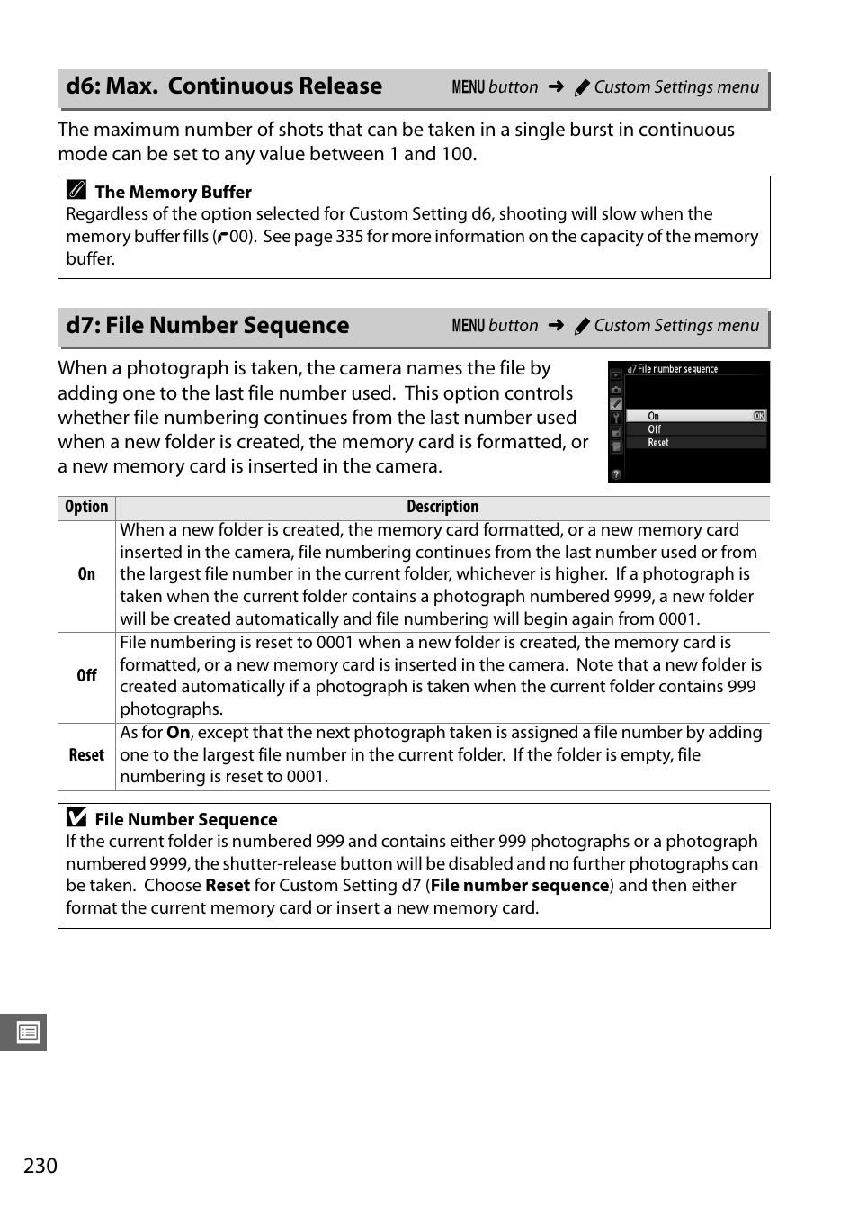 D6: max. continuous release, D7: file number sequence | Nikon D610 User Manual | Page 256 / 368