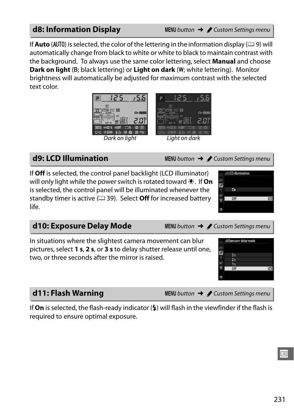 D8: information display, D9: lcd illumination, D10: exposure delay mode | D11: flash warning | Nikon D610 User Manual | Page 257 / 368