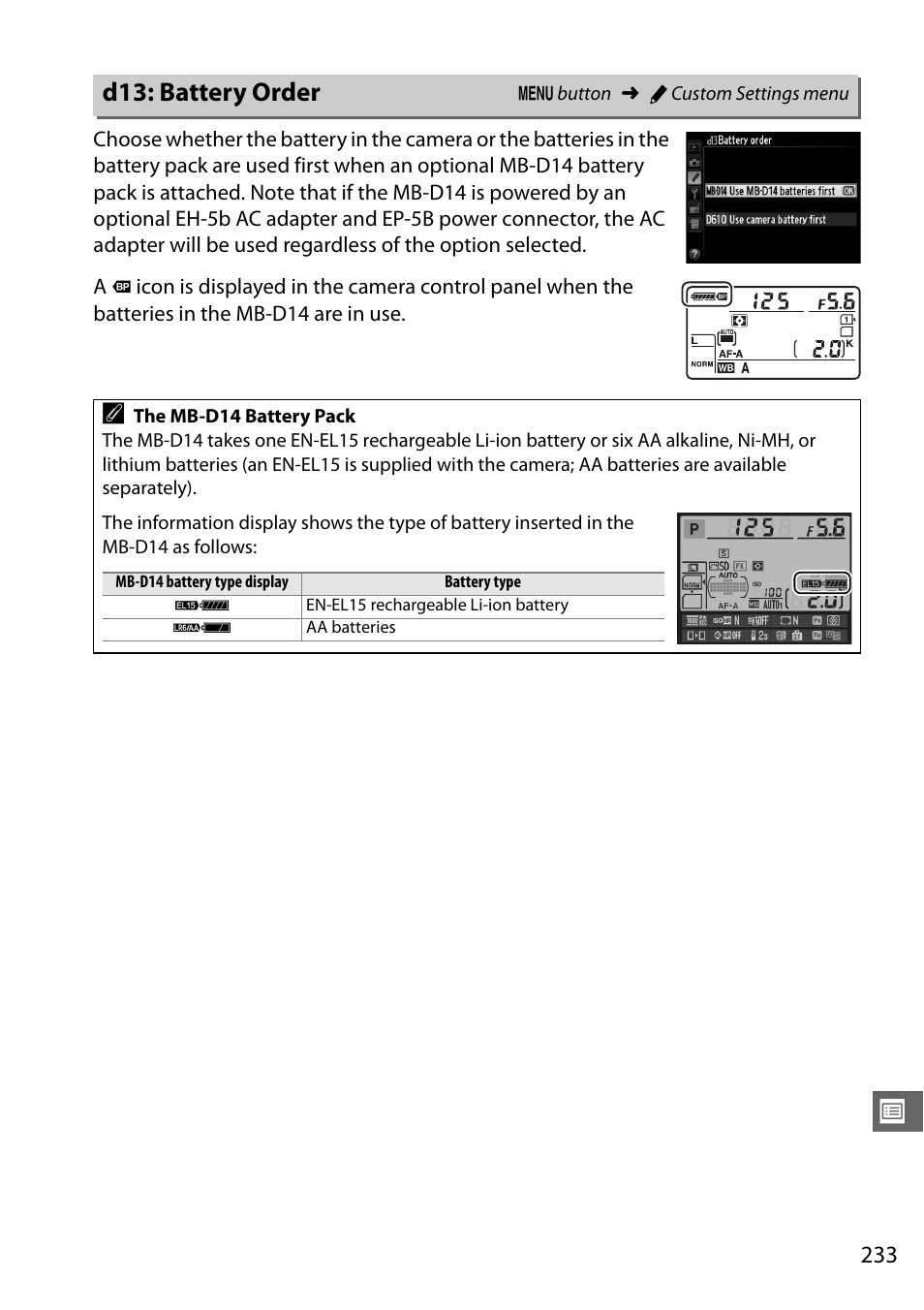 D13: battery order | Nikon D610 User Manual | Page 259 / 368