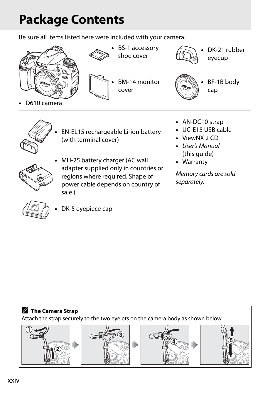 Package contents, Xxiv | Nikon D610 User Manual | Page 26 / 368
