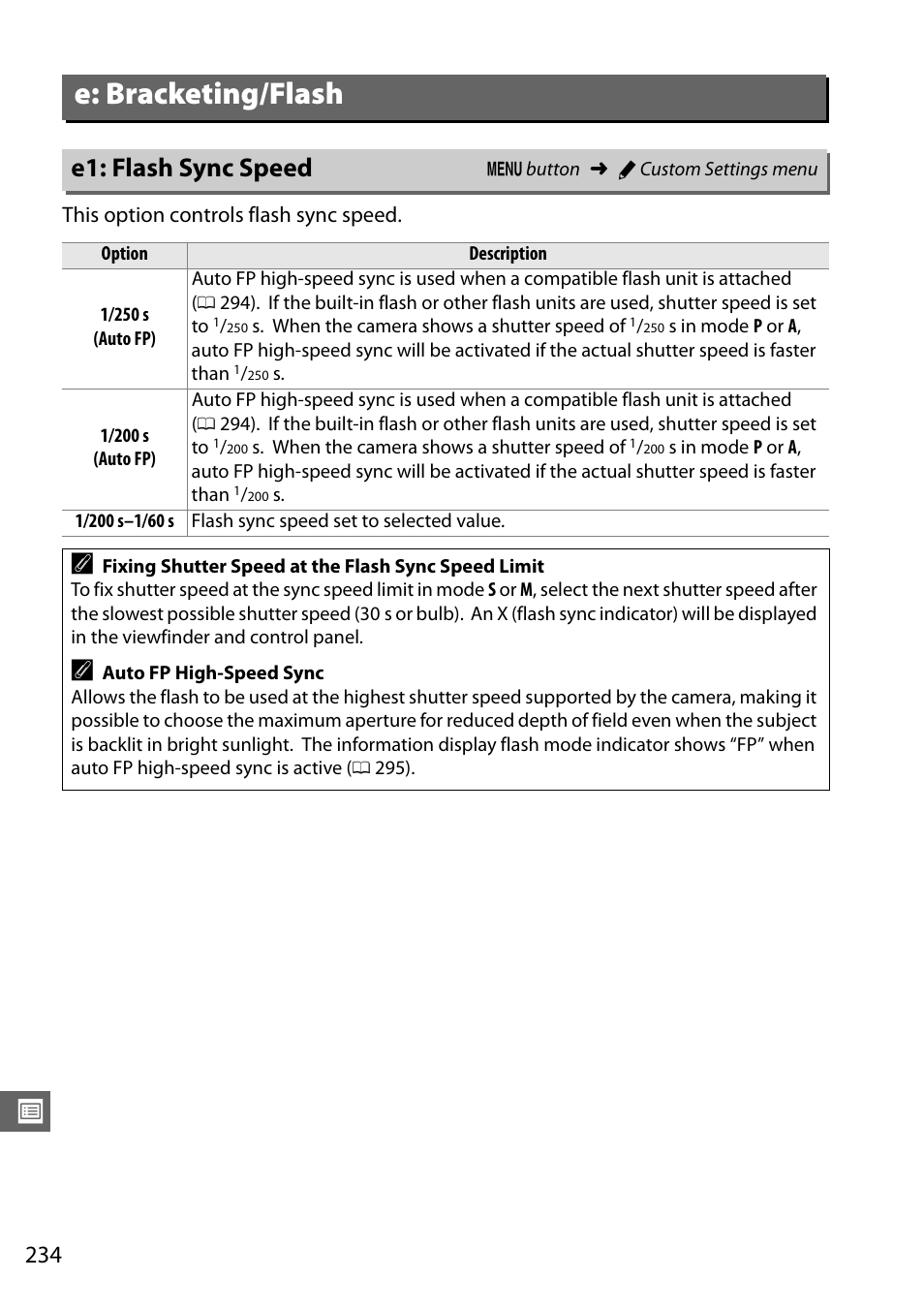 E: bracketing/flash, E1: flash sync speed, 0 234). when | Nikon D610 User Manual | Page 260 / 368