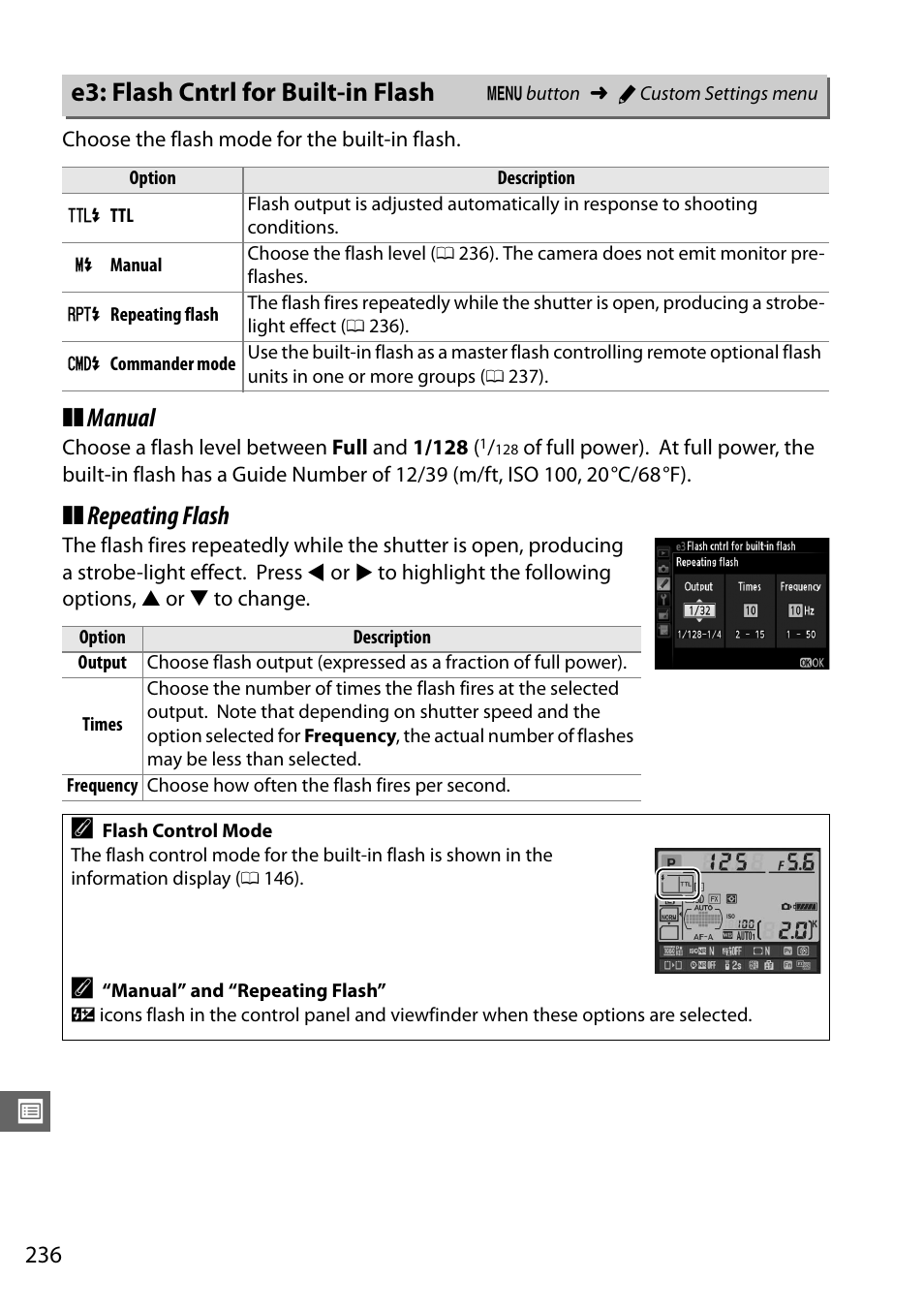 E3: flash cntrl for built-in flash, 0 236), y, Manual | Repeating flash | Nikon D610 User Manual | Page 262 / 368