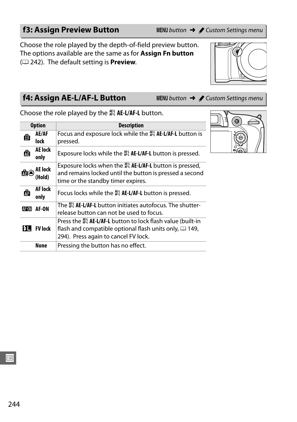 F3: assign preview button, F4: assign ae-l/af-l button, 0 244) f | 0 244) or c | Nikon D610 User Manual | Page 270 / 368