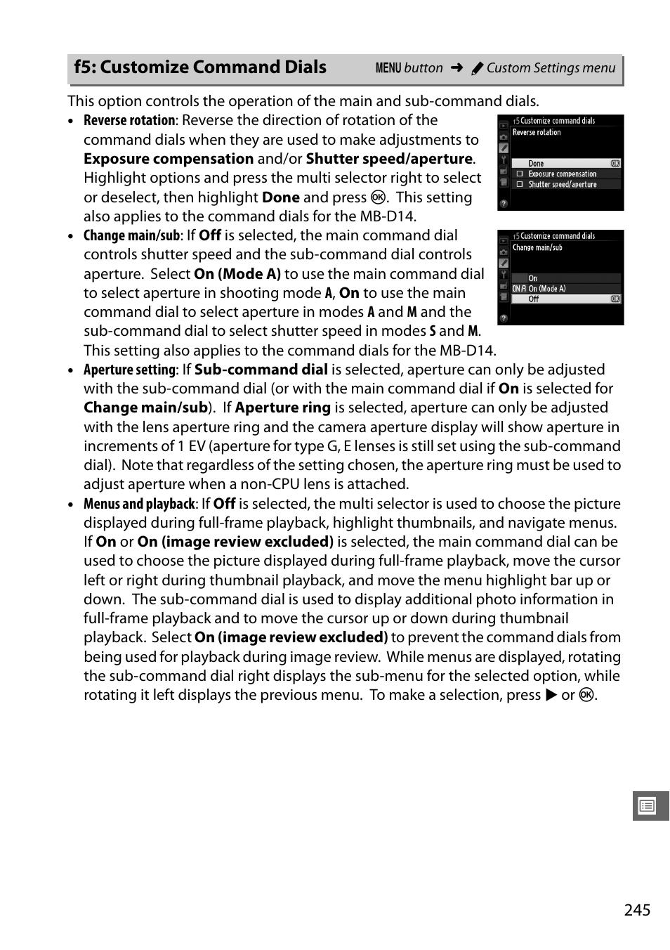 F5: customize command dials | Nikon D610 User Manual | Page 271 / 368