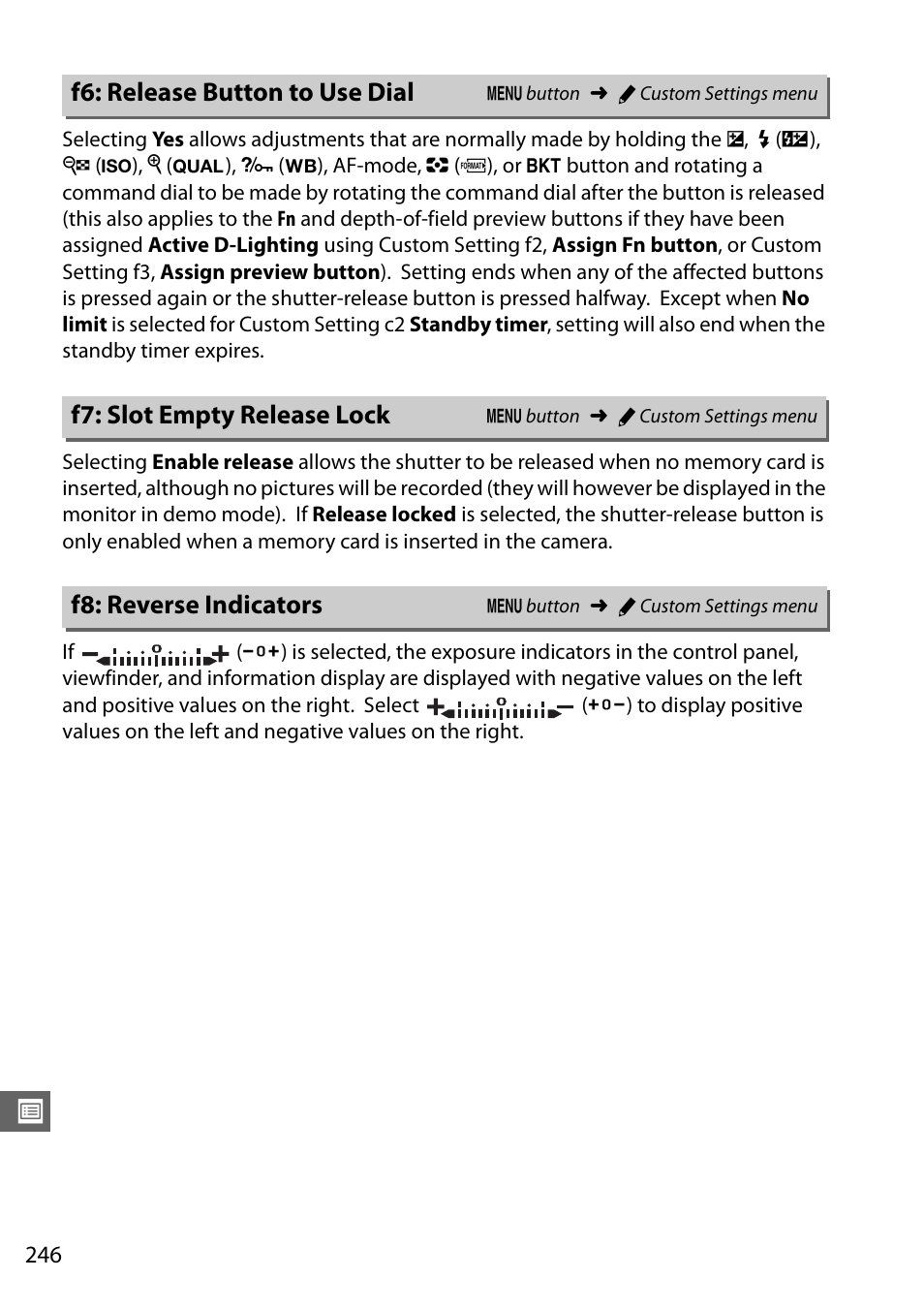 F6: release button to use dial, F7: slot empty release lock, F8: reverse indicators | Nikon D610 User Manual | Page 272 / 368