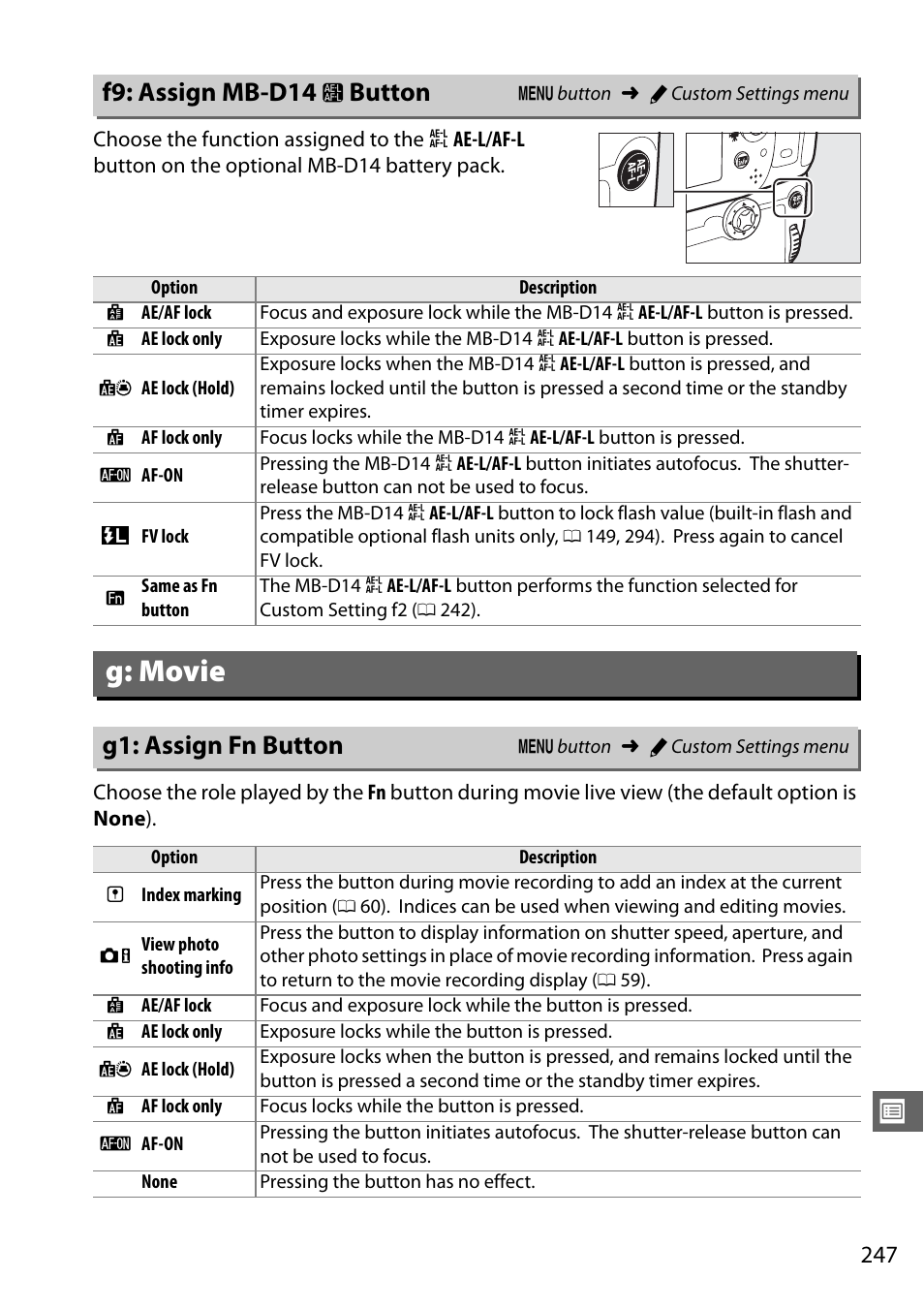 F9: assign mb-d14 ae-l/af-l button, G: movie, G1: assign fn button | 0 247), g2, F9: assign mb-d14 4 button | Nikon D610 User Manual | Page 273 / 368