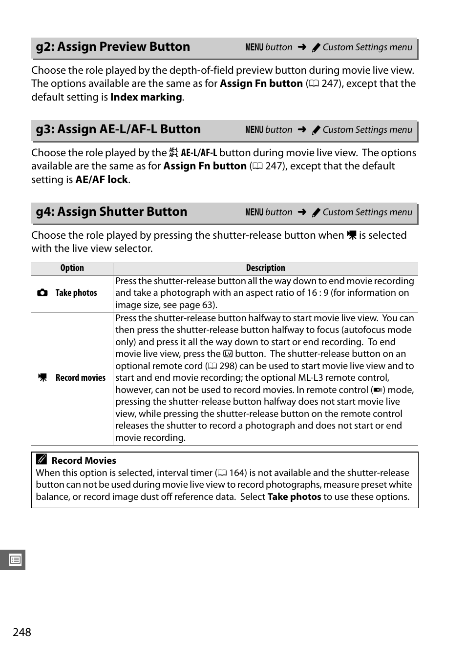 G2: assign preview button, G3: assign ae-l/af-l button, G4: assign shutter button | 0 248), o, 0 248), y, 0 248), and, 0 248), r, 0 248) c | Nikon D610 User Manual | Page 274 / 368