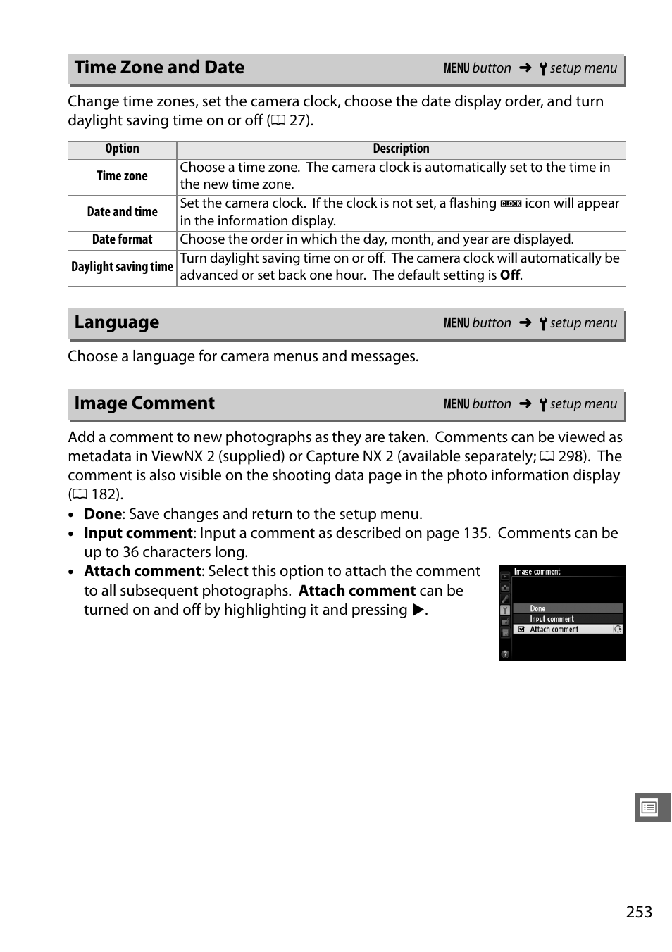 Time zone and date, Language, Image comment | 0 253) options | Nikon D610 User Manual | Page 279 / 368