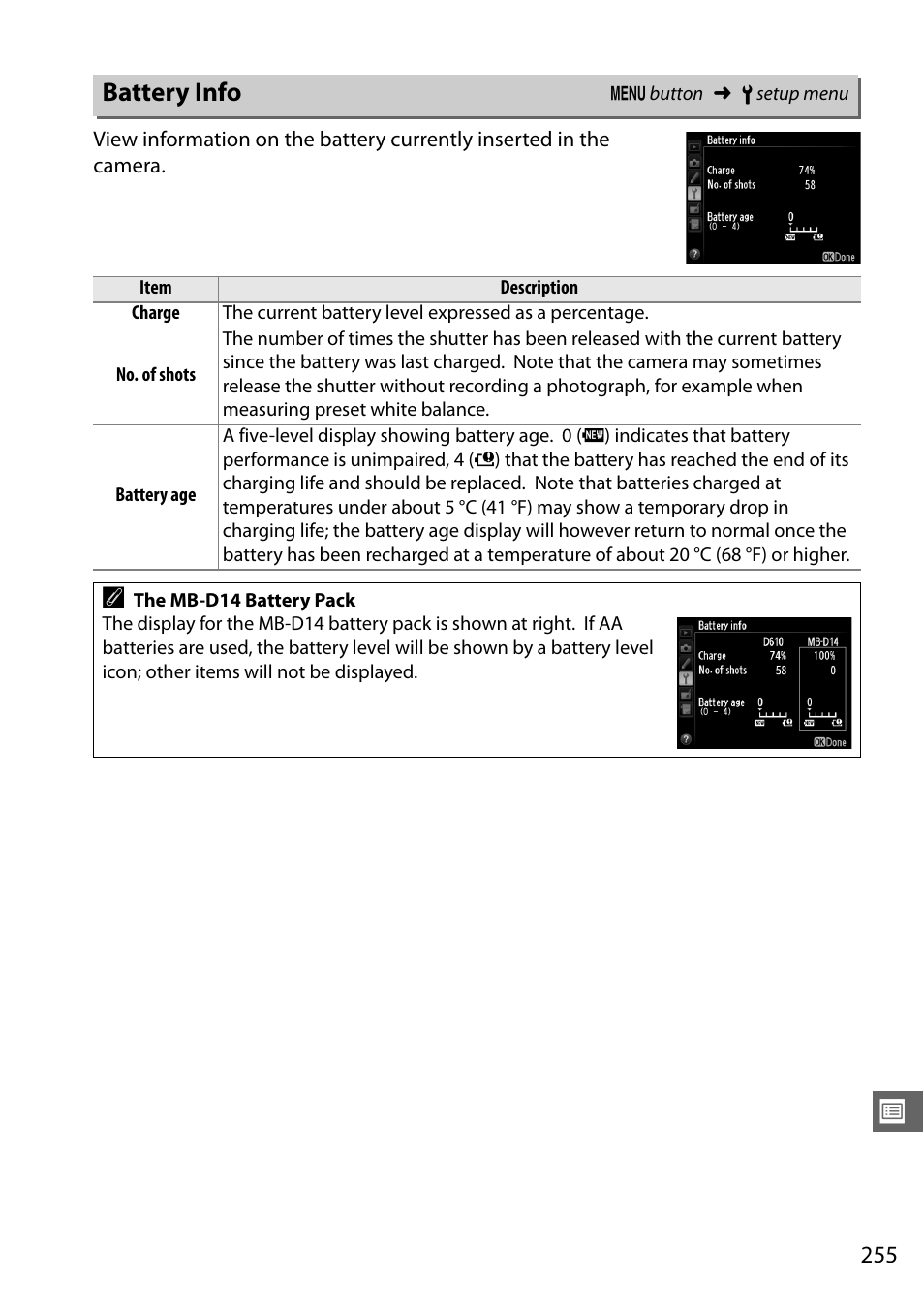 Battery info | Nikon D610 User Manual | Page 281 / 368