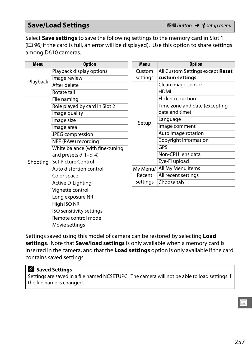 Save/load settings | Nikon D610 User Manual | Page 283 / 368