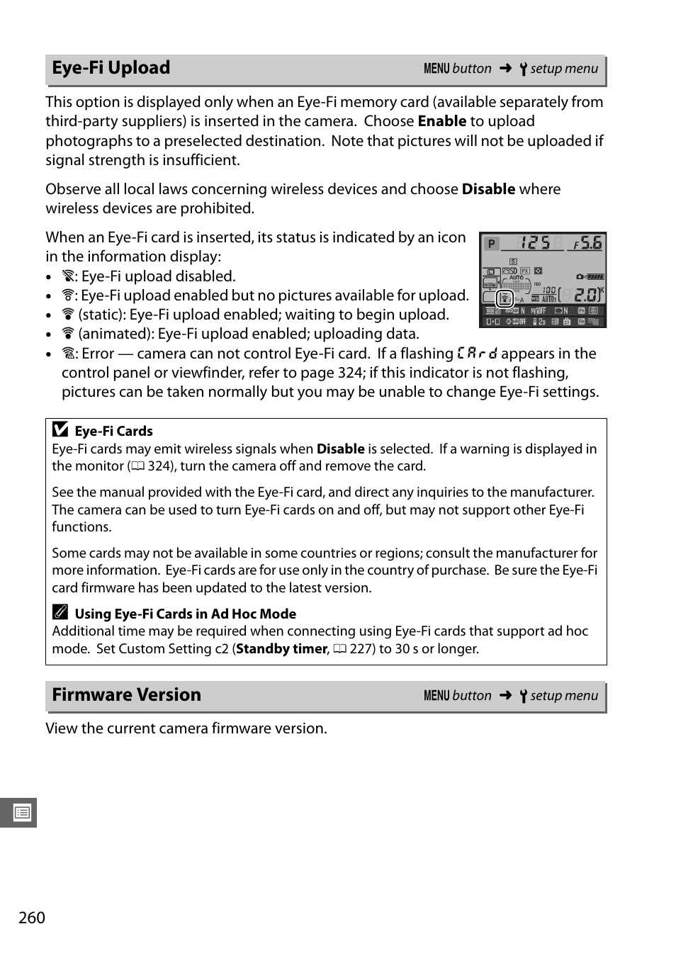 Eye-fi upload, Firmware version | Nikon D610 User Manual | Page 286 / 368