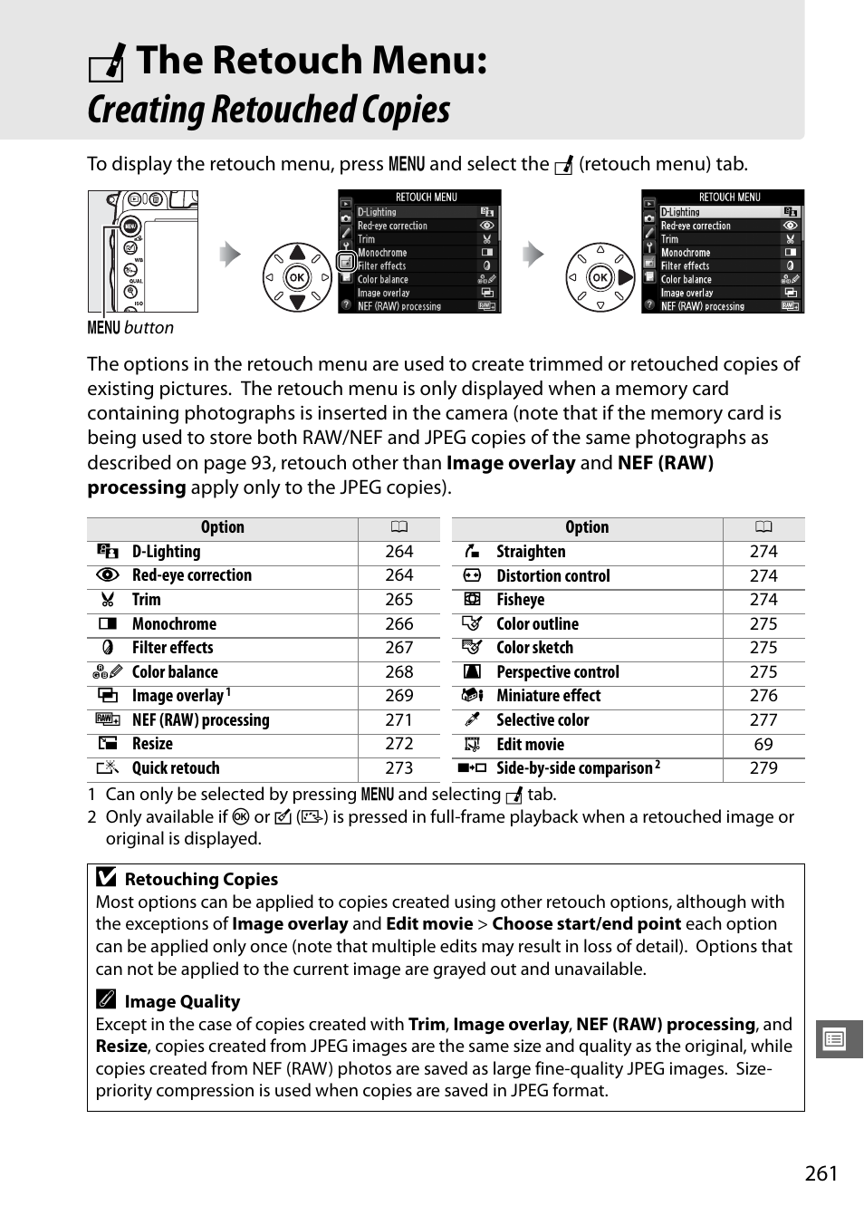 The retouch menu: creating retouched copies, 0 261) menus or when c, N the retouch menu: creating retouched copies | Nikon D610 User Manual | Page 287 / 368