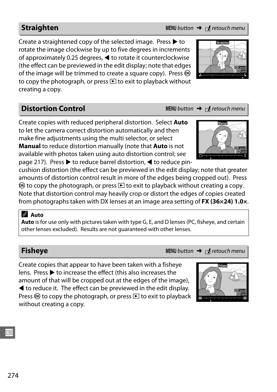 Straighten, Distortion control, Fisheye | Nikon D610 User Manual | Page 300 / 368