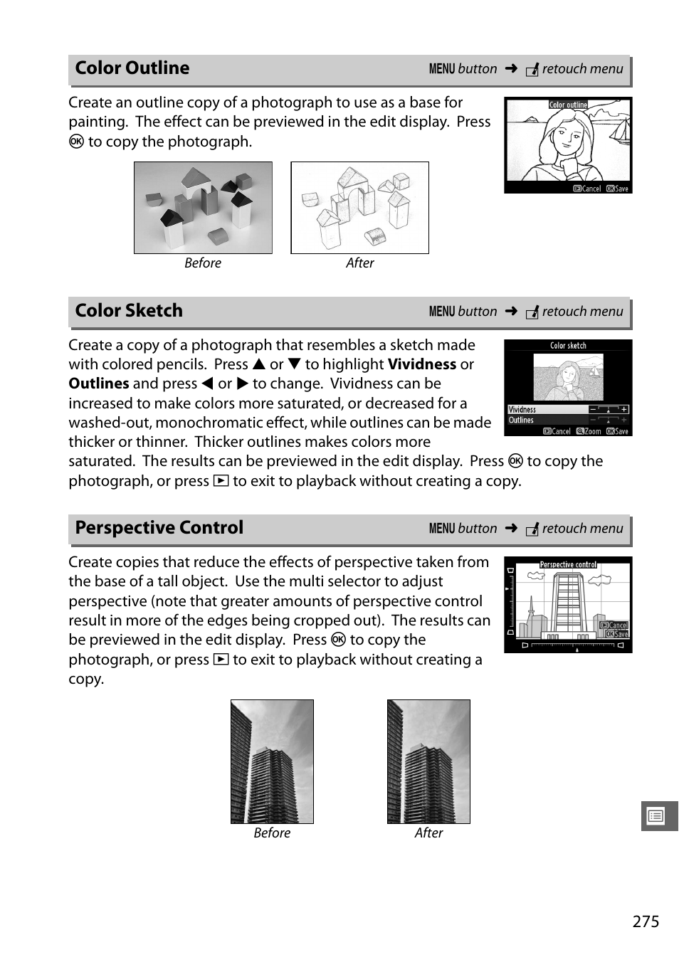 Color outline, Color sketch, Perspective control | Nikon D610 User Manual | Page 301 / 368