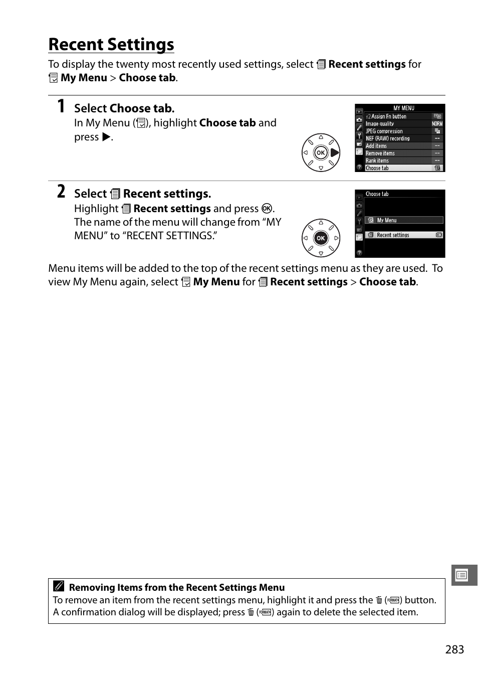 Recent settings | Nikon D610 User Manual | Page 309 / 368
