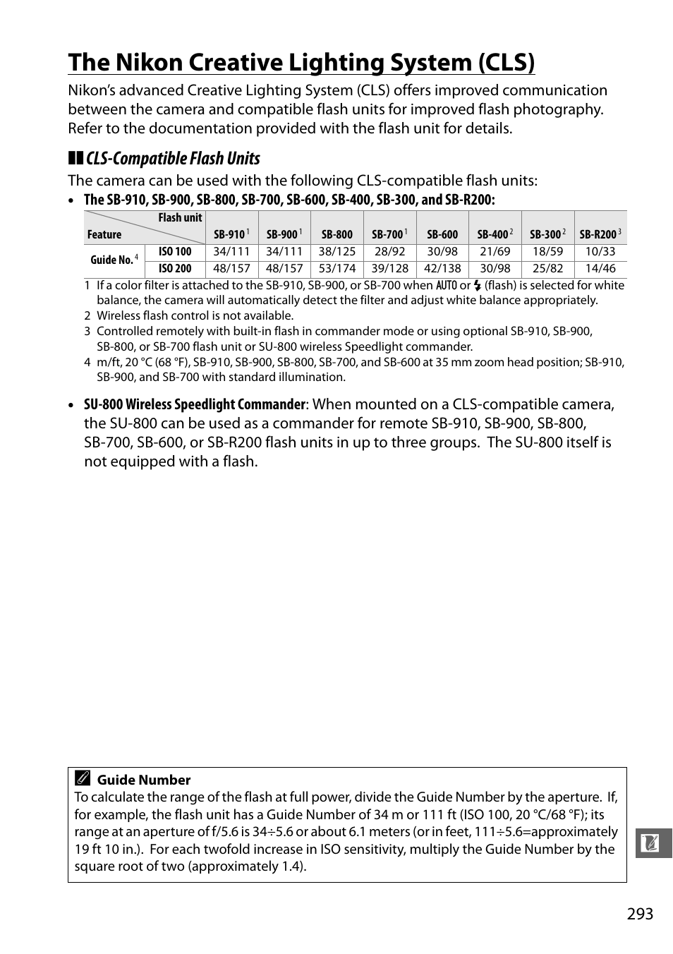 The nikon creative lighting system (cls), 0 293) will emit a modeling f, Ge 293) | Cls-compatible flash units | Nikon D610 User Manual | Page 319 / 368