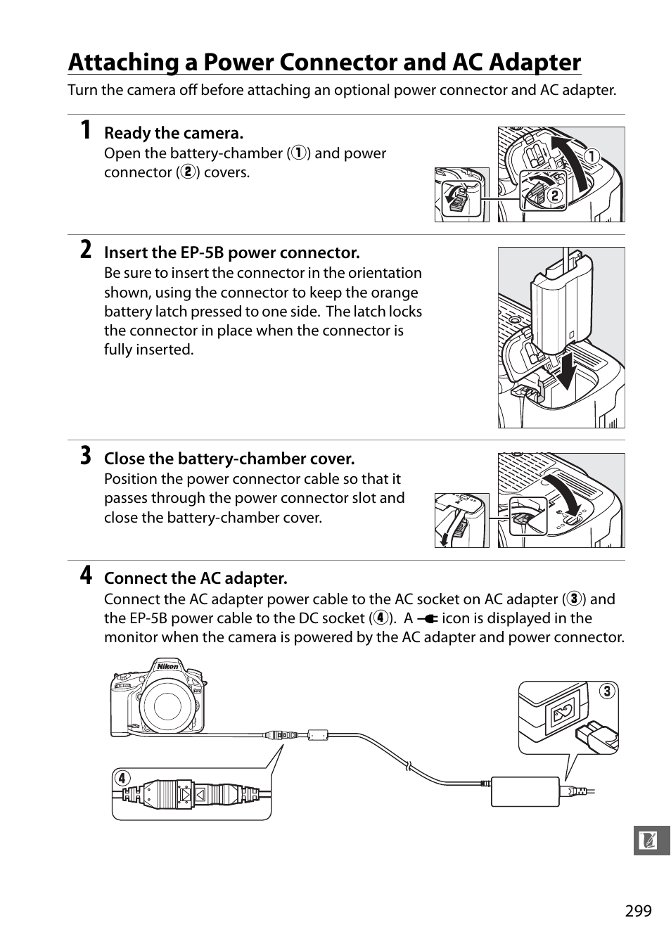 Attaching a power connector and ac adapter | Nikon D610 User Manual | Page 325 / 368