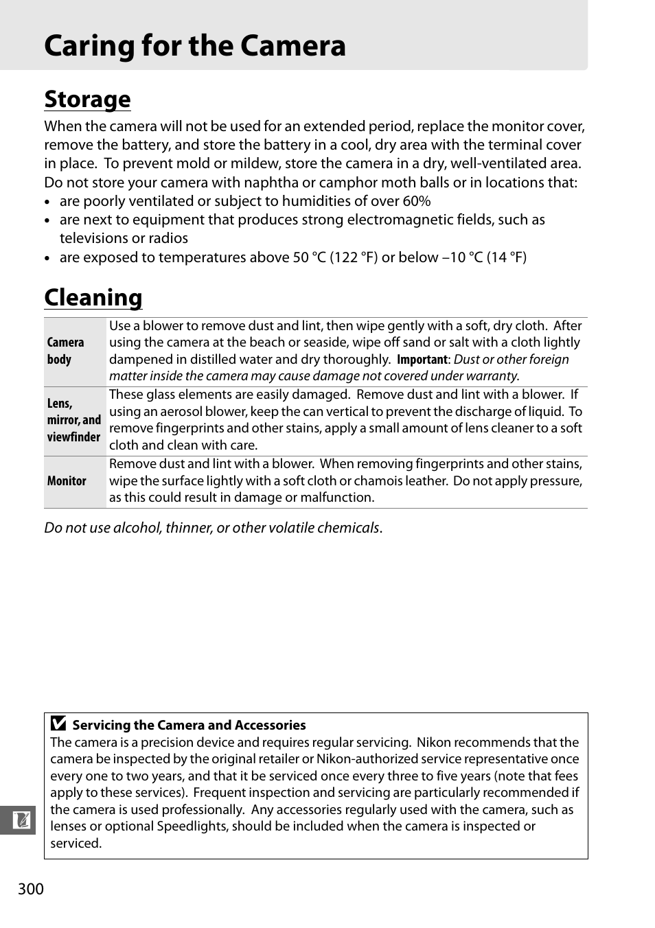 Caring for the camera, Storage, Cleaning | Nikon D610 User Manual | Page 326 / 368