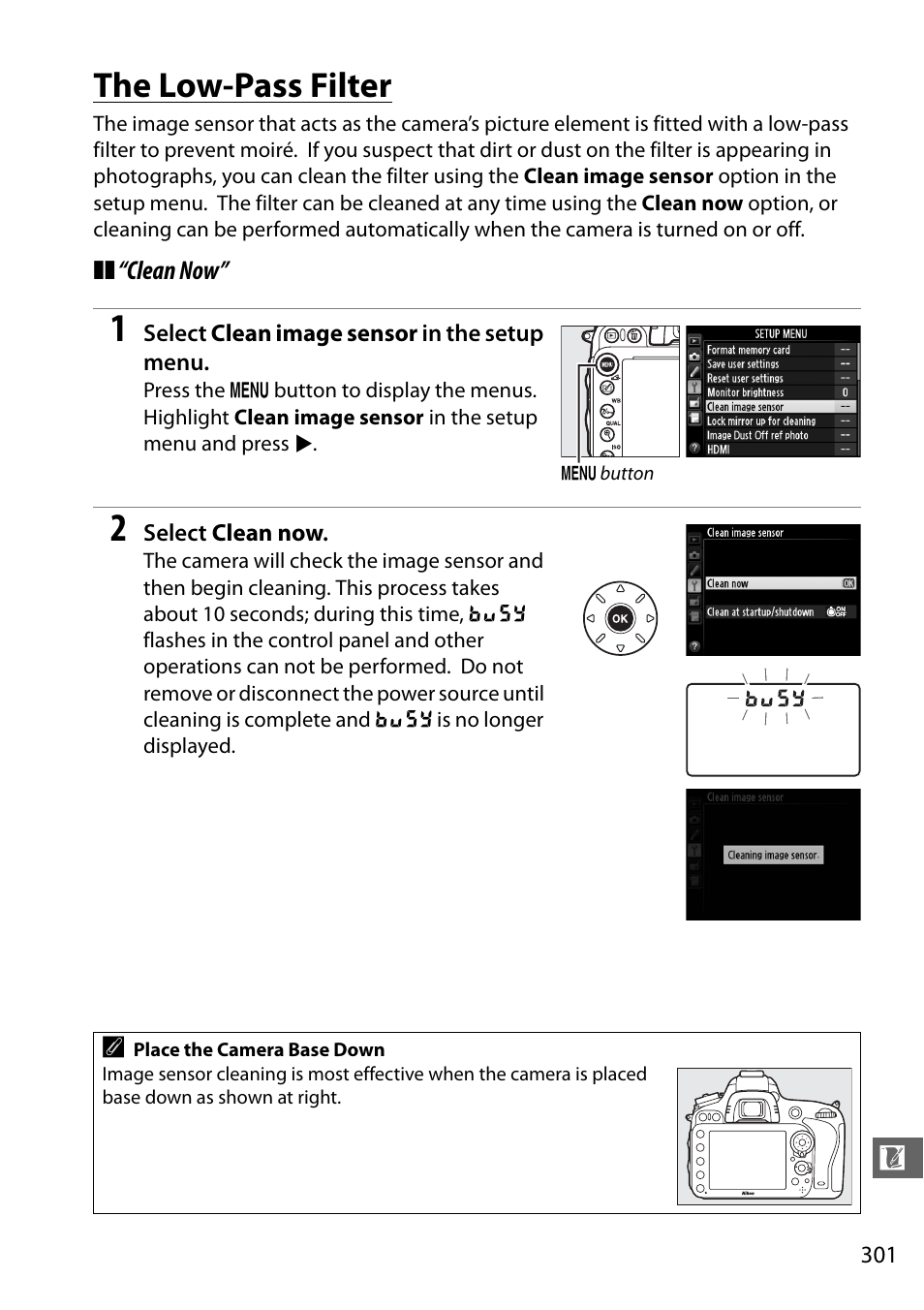 The low-pass filter, Clean now | Nikon D610 User Manual | Page 327 / 368