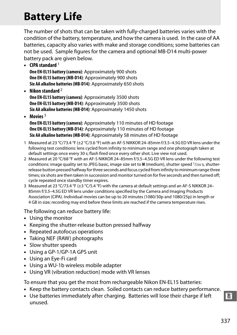 Battery life | Nikon D610 User Manual | Page 363 / 368