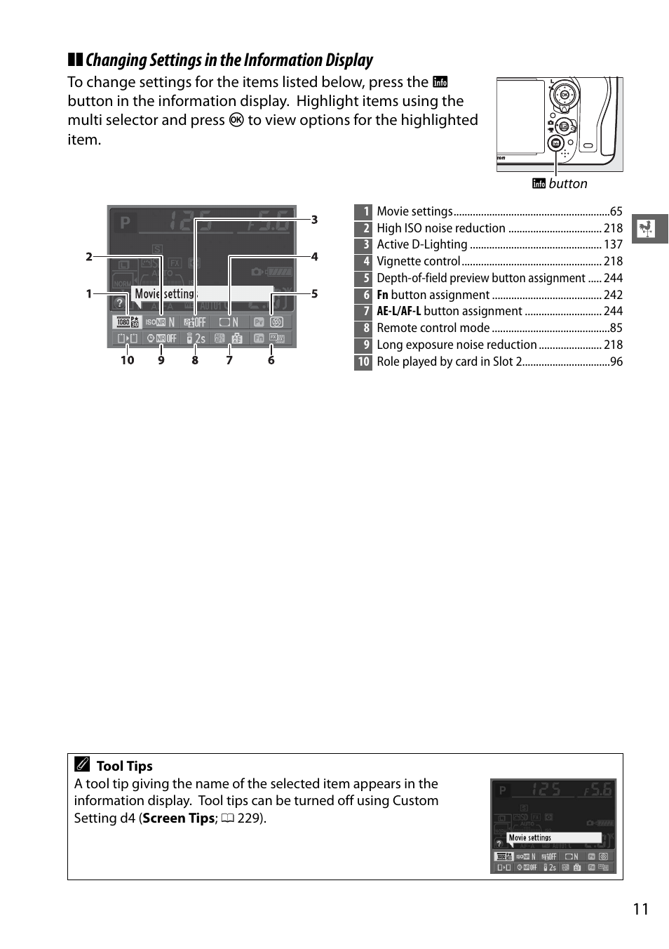 Changing settings in the information display | Nikon D610 User Manual | Page 37 / 368