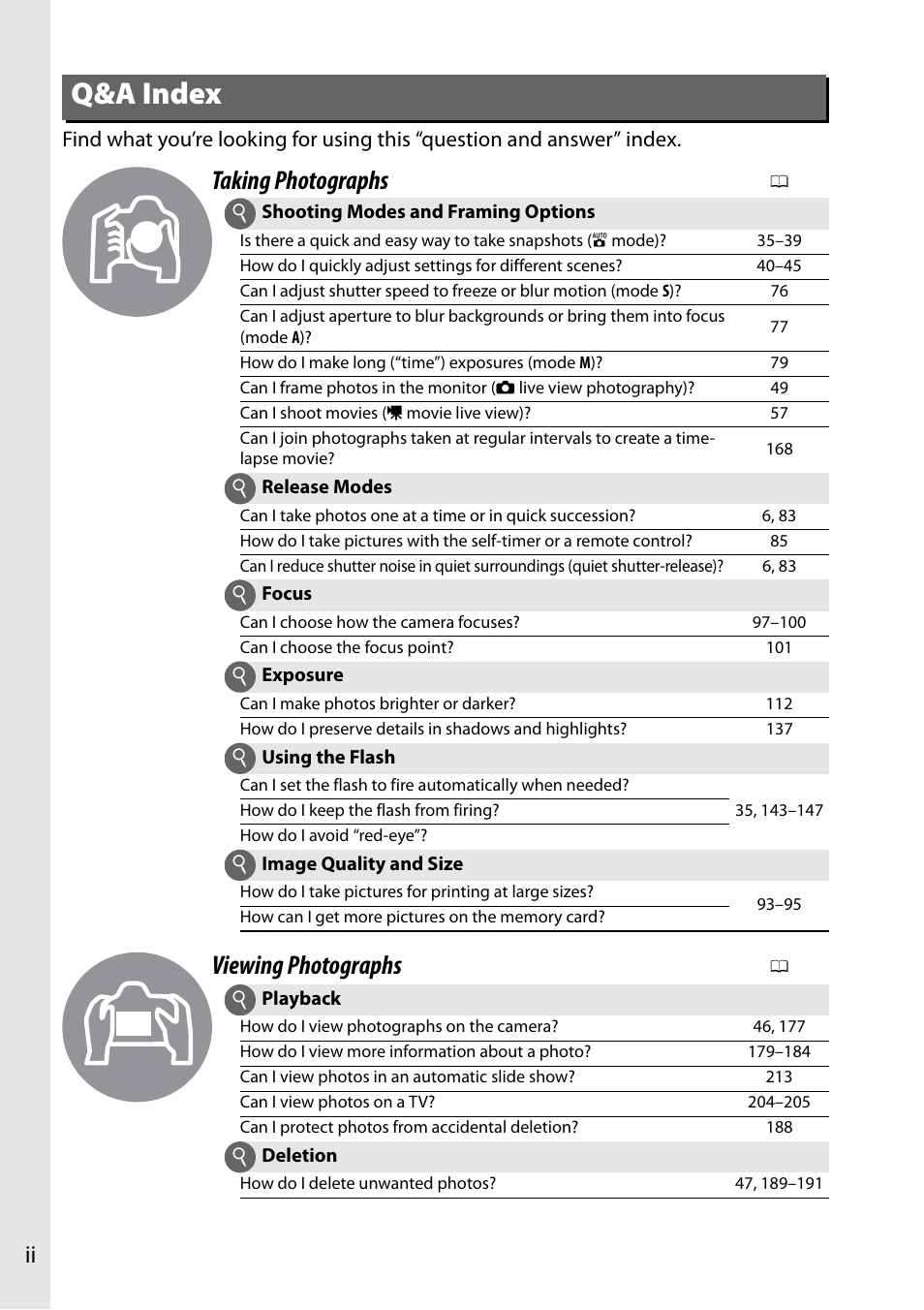 Q&a index, Taking photographs, Viewing photographs | Nikon D610 User Manual | Page 4 / 368