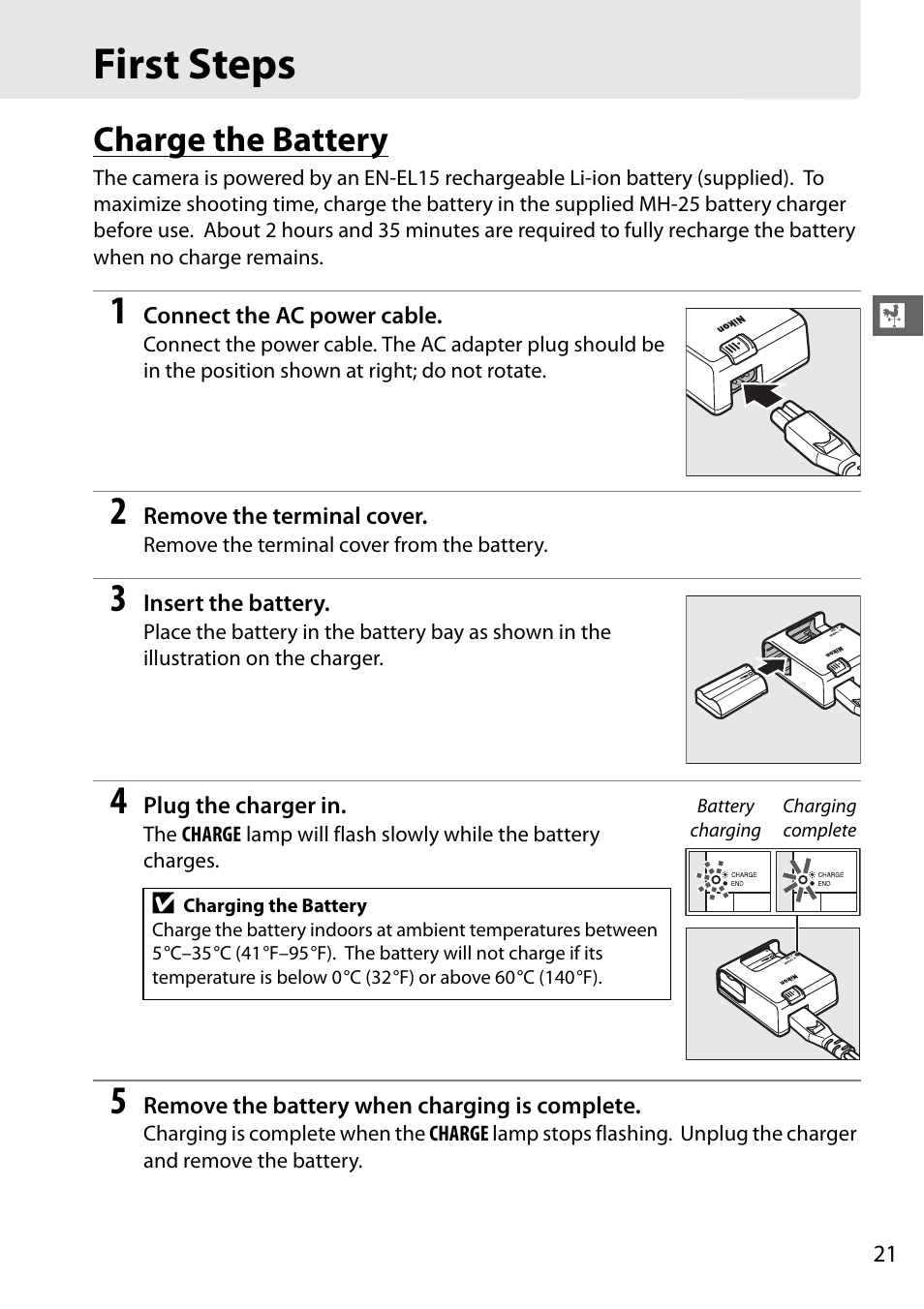 First steps, Charge the battery | Nikon D610 User Manual | Page 47 / 368