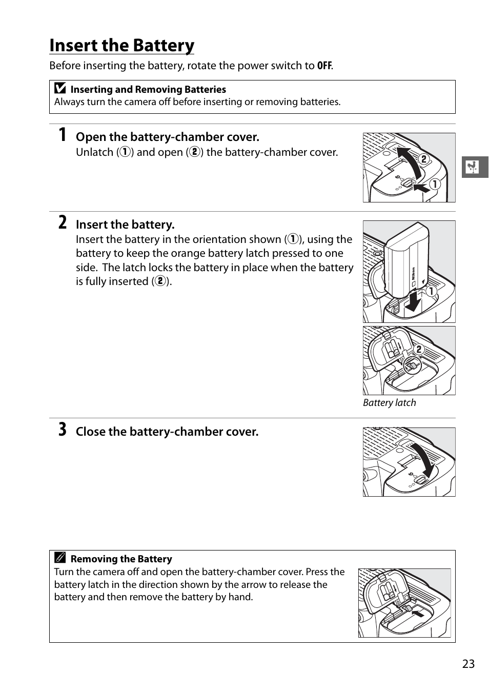 Insert the battery | Nikon D610 User Manual | Page 49 / 368