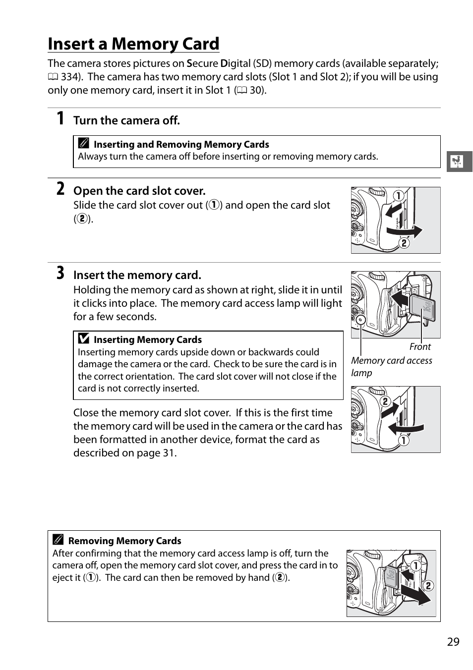 Insert a memory card | Nikon D610 User Manual | Page 55 / 368