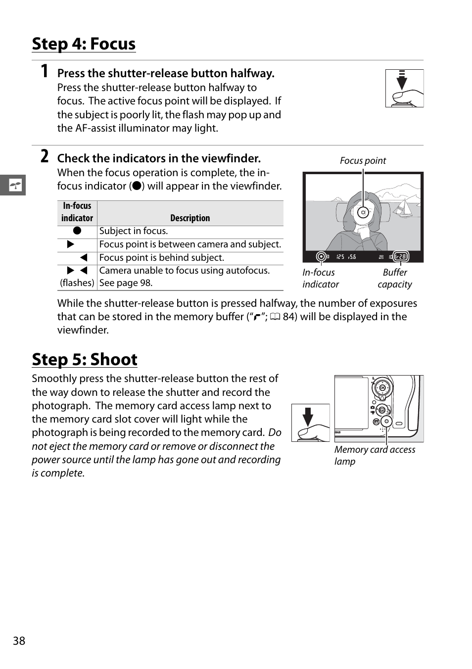 Step 4: focus, Step 5: shoot | Nikon D610 User Manual | Page 64 / 368