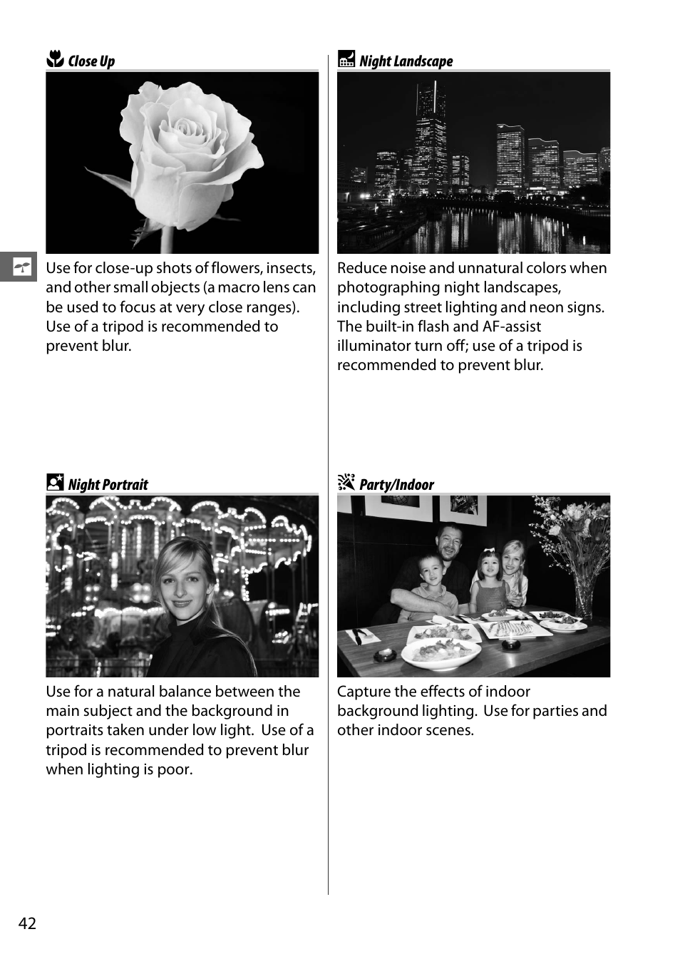 Close up, Night portrait, Night landscape | Party/indoor | Nikon D610 User Manual | Page 68 / 368