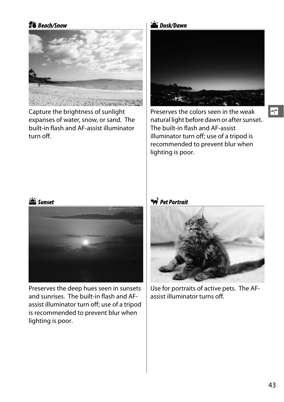 Beach/snow, Sunset, Dusk/dawn | Pet portrait | Nikon D610 User Manual | Page 69 / 368
