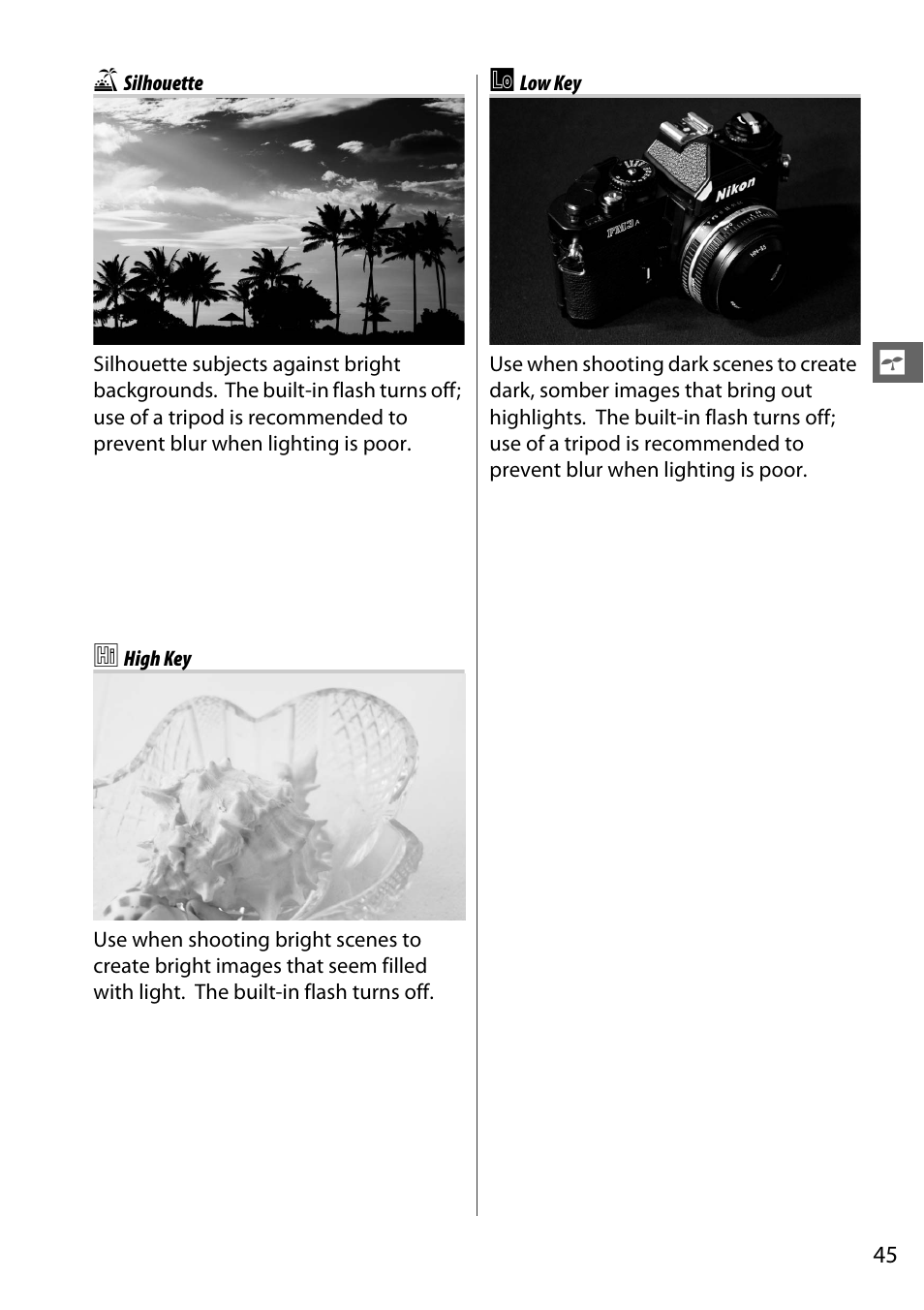 Silhouette, High key, Low key | Nikon D610 User Manual | Page 71 / 368