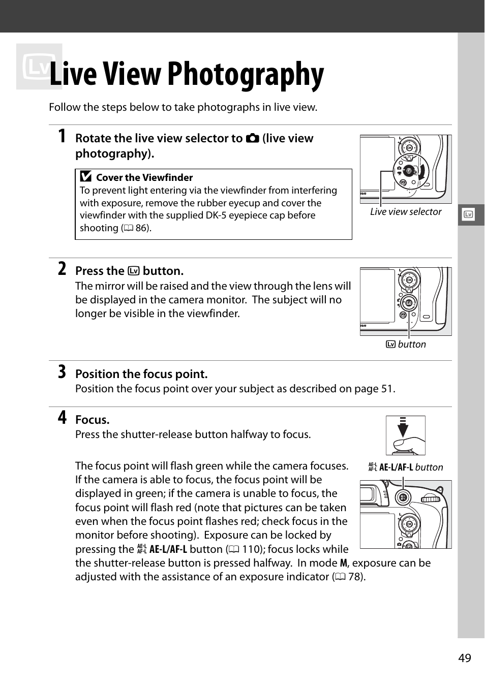 Live view photography | Nikon D610 User Manual | Page 75 / 368