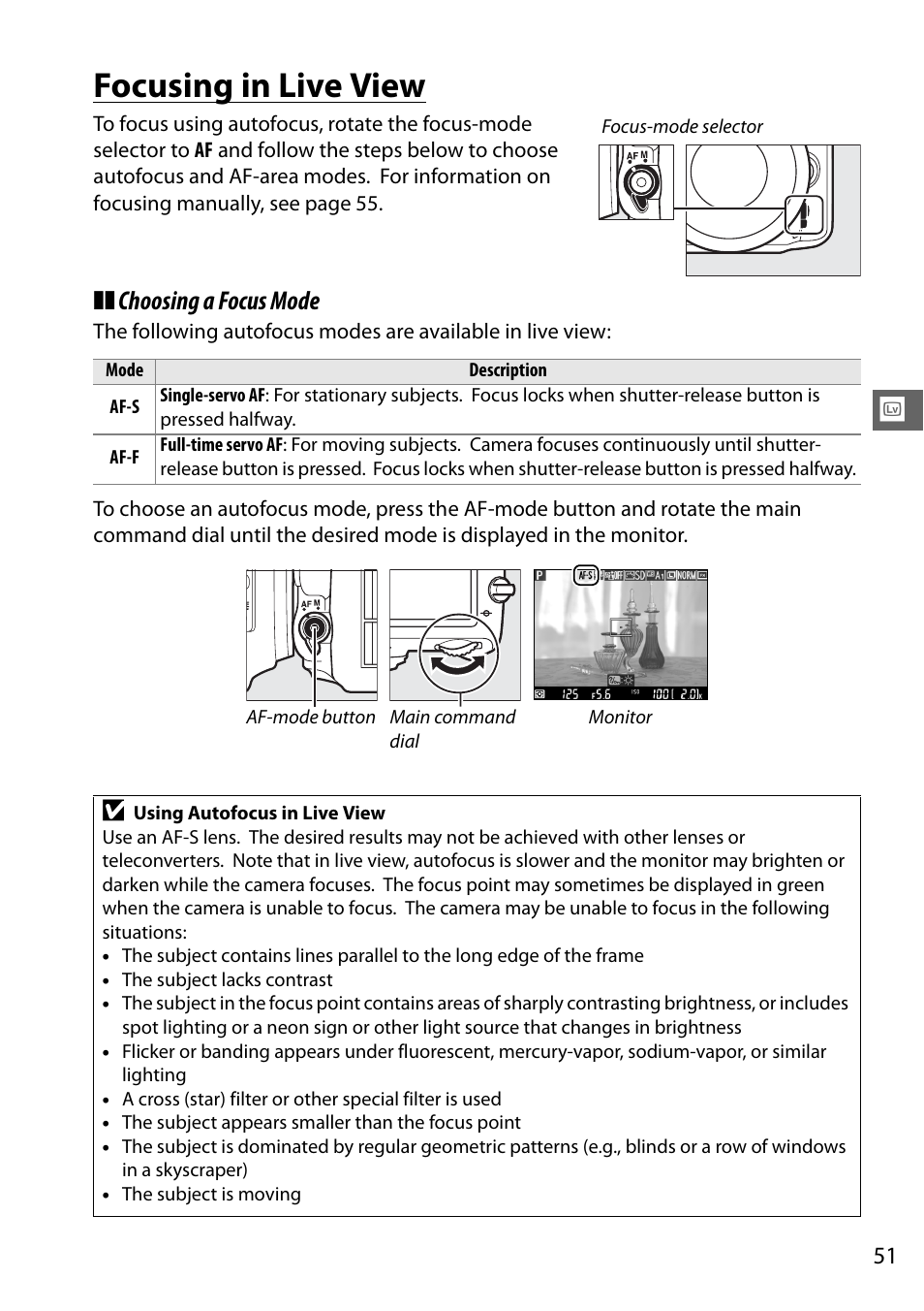 Focusing in live view, Choosing a focus mode | Nikon D610 User Manual | Page 77 / 368