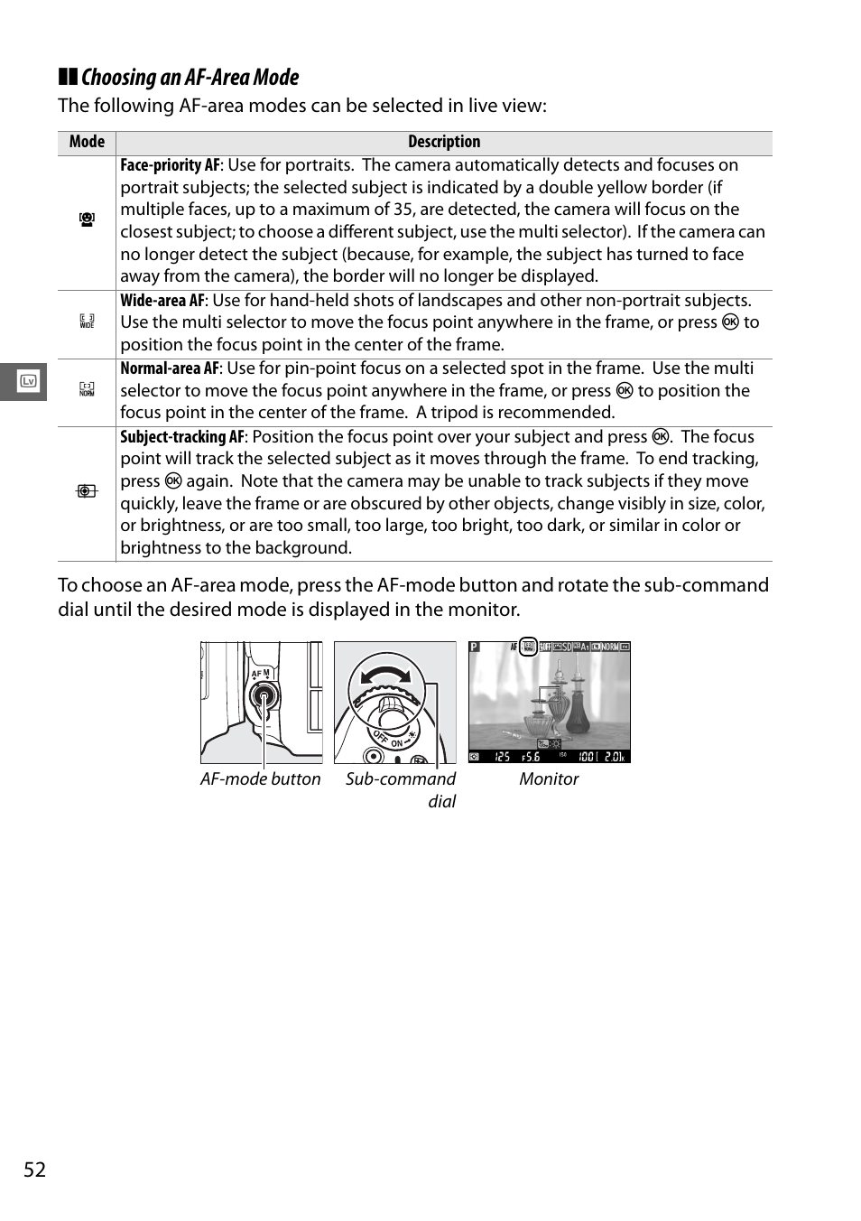 Choosing an af-area mode | Nikon D610 User Manual | Page 78 / 368