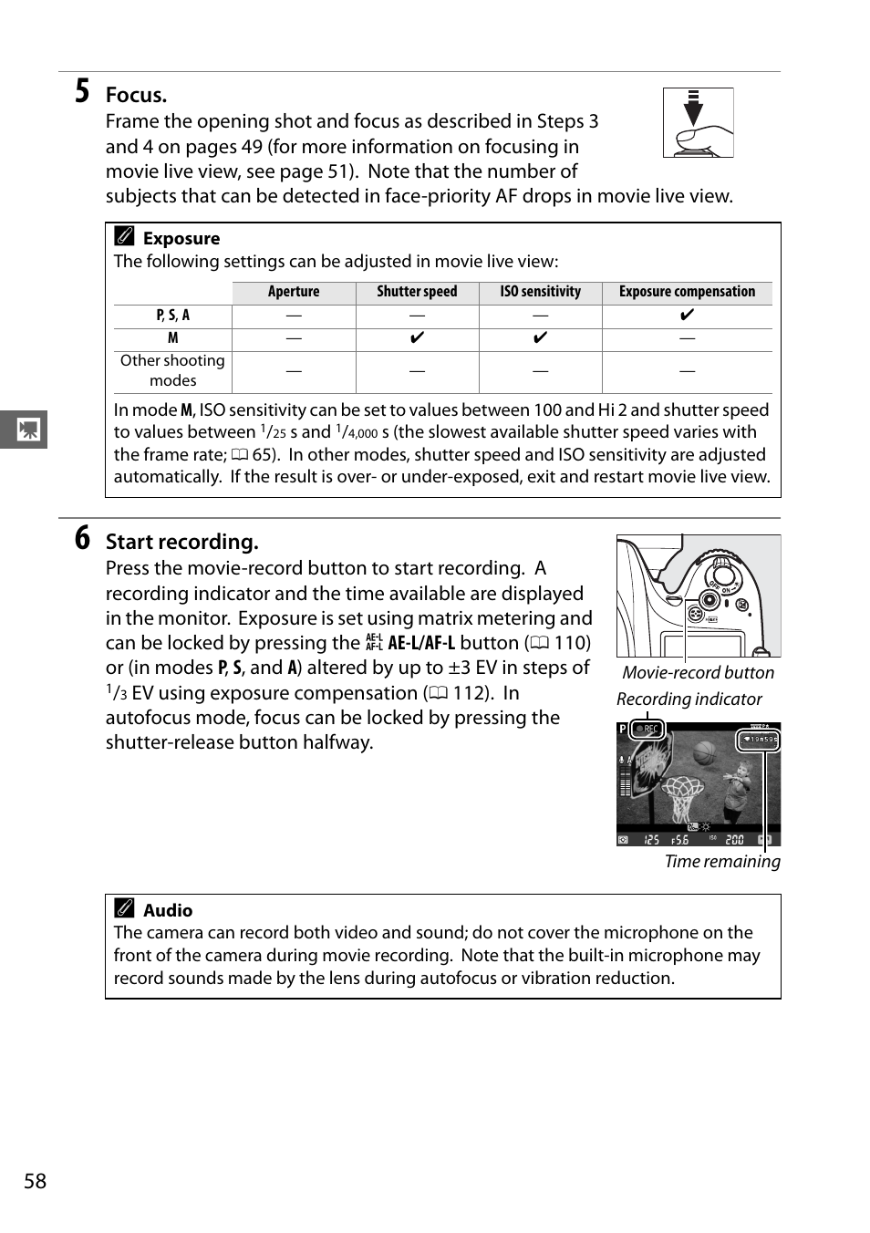 Focus, Start recording | Nikon D610 User Manual | Page 84 / 368