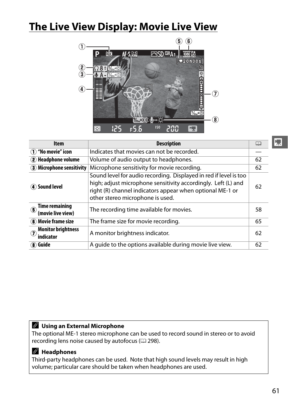 The live view display: movie live view, 0 61) indic | Nikon D610 User Manual | Page 87 / 368