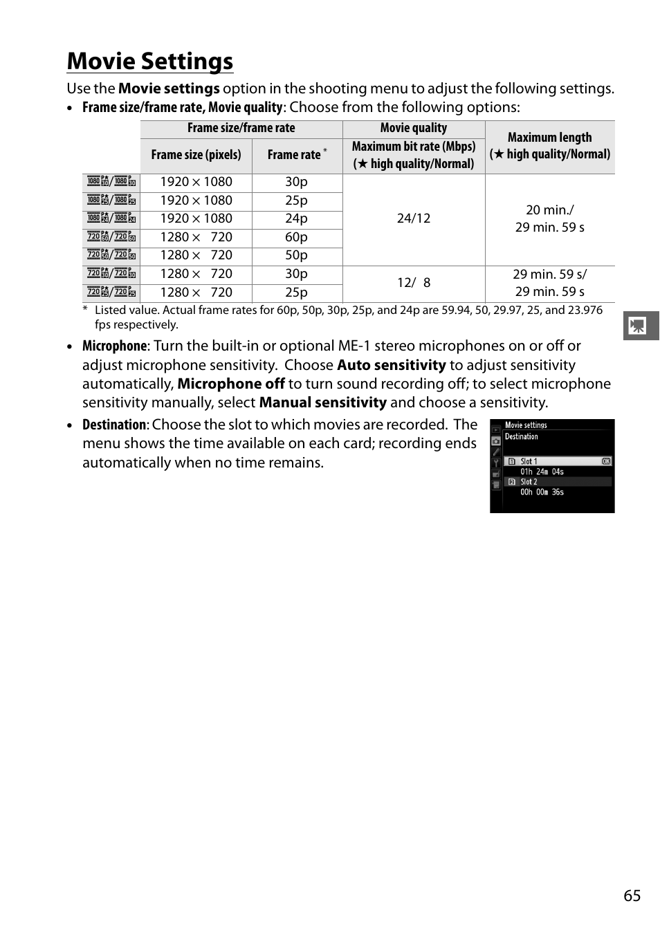 Movie settings, Rate, Ge 65); no | Nikon D610 User Manual | Page 91 / 368